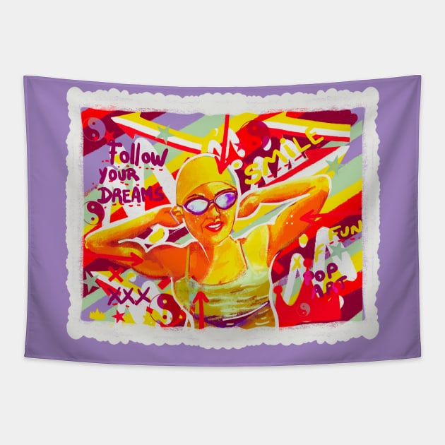 Swimming pop art Tapestry by Mimie20