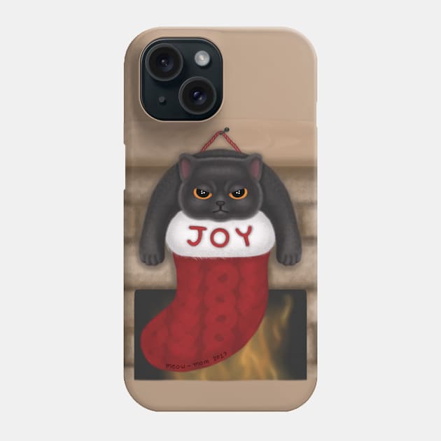 Grumpy Black Cat in Joy Christmas Stocking Phone Case by meow-mom