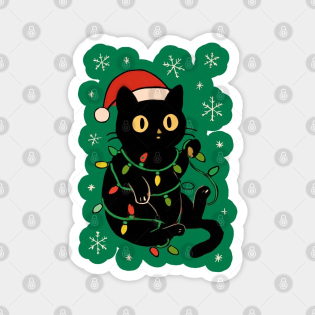 Black Cat in Santa Hat Wrapped in Christmas Lights Magnet by Creatifly Graphic Tees