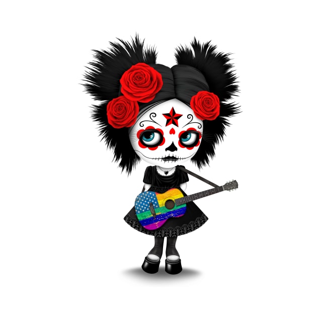 Sugar Skull Girl Playing Rainbow American Flag Guitar by jeffbartels