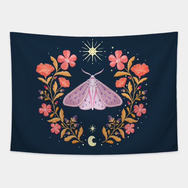 Magical moth with florals, stars and moon Tapestry by CalliLetters