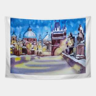 Prague by night watercolour illustration Tapestry
