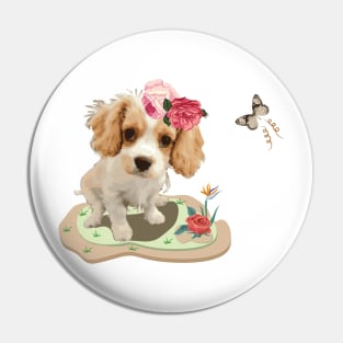 Cutie Cocker Spaniel Puppy Dog Roses flowers Butterflies Pin