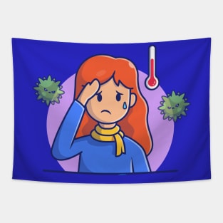 Girl with Fever And Flu Cartoon (2) Tapestry