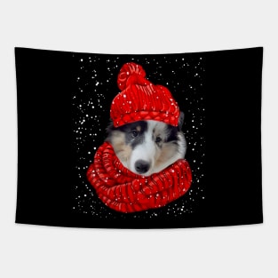 Sheltie Wearing Red Hat And Scarf In Snow Christmas Tapestry