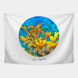 Caribbean unveiled on silk | Sea Turtle & Elkhorn Coral Tapestry