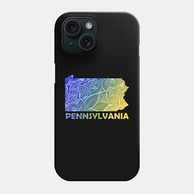 Colorful mandala art map of Pennsylvania with text in blue and yellow Phone Case by Happy Citizen