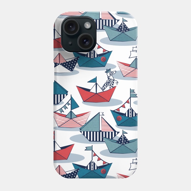 Origami dog day at the lake // pattern // white background red teal and blue origami sail boats with cute Dalmatian Phone Case by SelmaCardoso