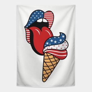 The Taste of Freedom - Retro American Flag Lips and Patriotic Ice Cream Tapestry