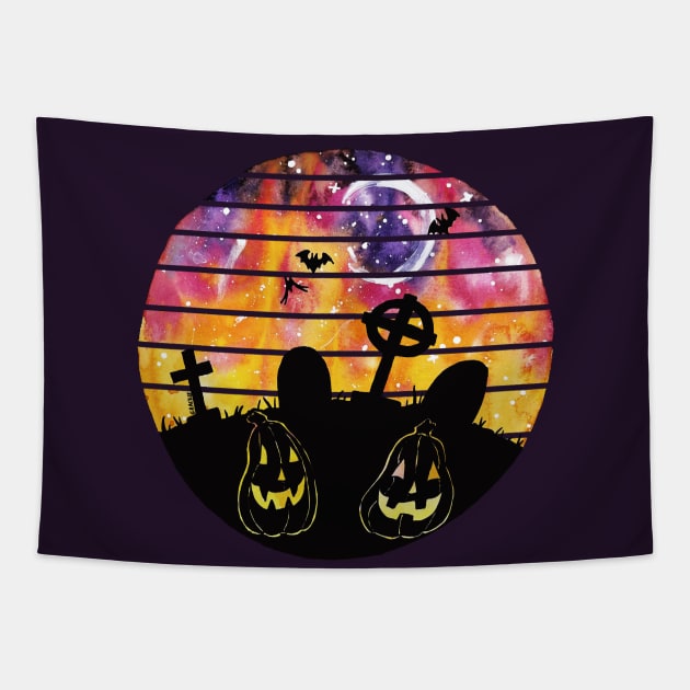 Ghoulish Graveyard Retro Sunset Tapestry by Jan Grackle