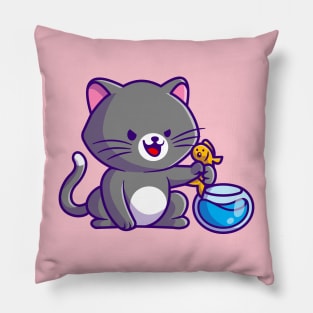 Cute Cat Catching Fish In Aquarium Cartoon Pillow