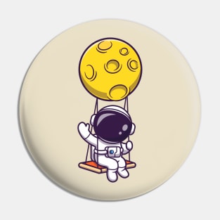 Cute Astronaut Swing On Moon And Waving Hand Cartoon Pin