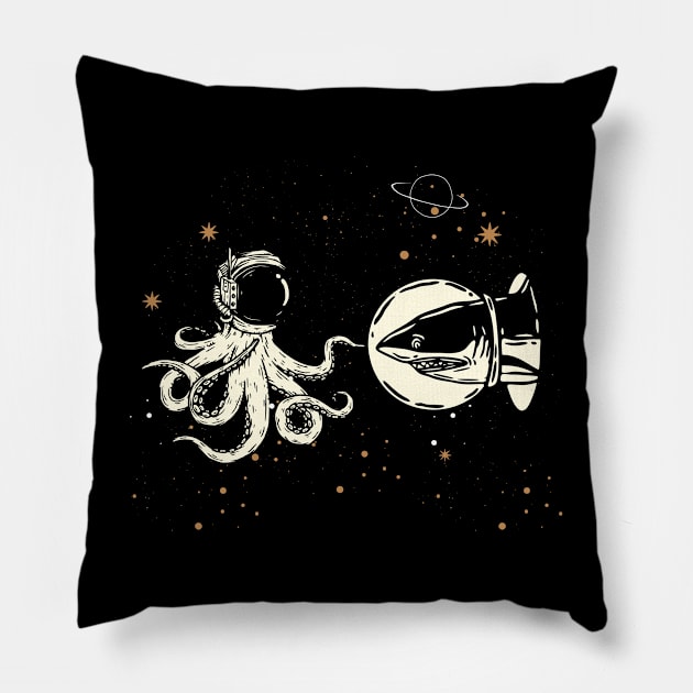 Shark and octopus encounter in space Pillow by Unelmoija