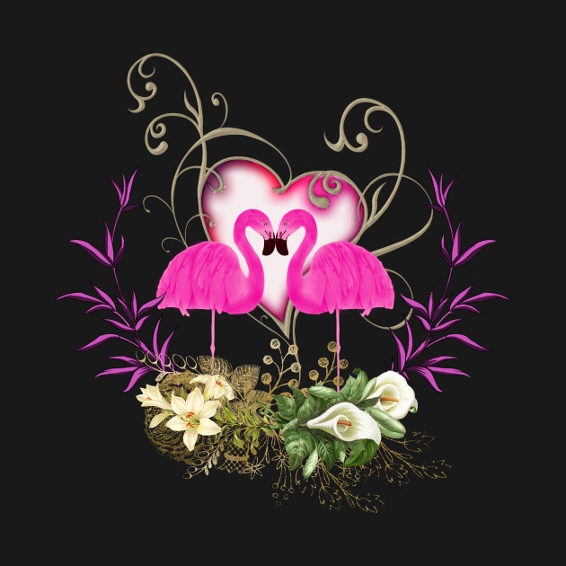 Flamingo in love, heart and flowers by Nicky2342