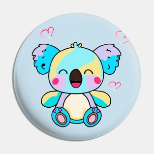 Happy smiling baby koala bear with love hearts. Kawaii cartoon Pin