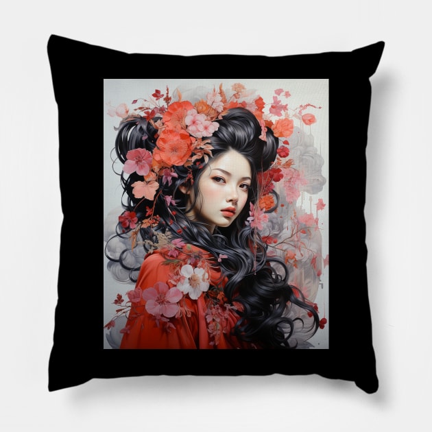 Painting Japanese Geisha Art Flowers Sakura Blossoms in Hair Pillow by Spit in my face PODCAST