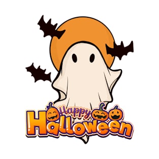 Cute ghost with bat happy Halloween T-Shirt