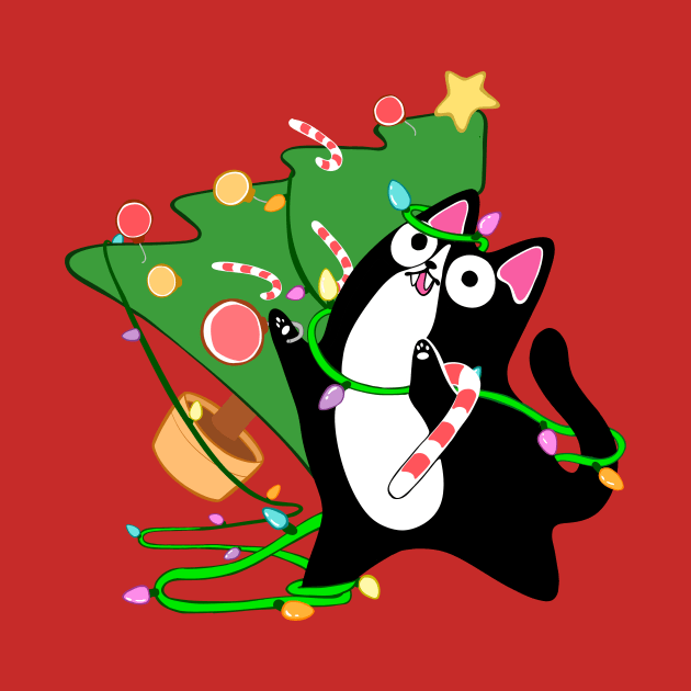 Christmas Tuxedo Cat knocks over tree funny holiday kitty by BluVelvet