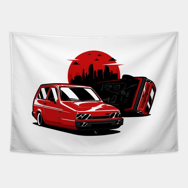 Red Reliant Robin Crash Tapestry by KaroCars