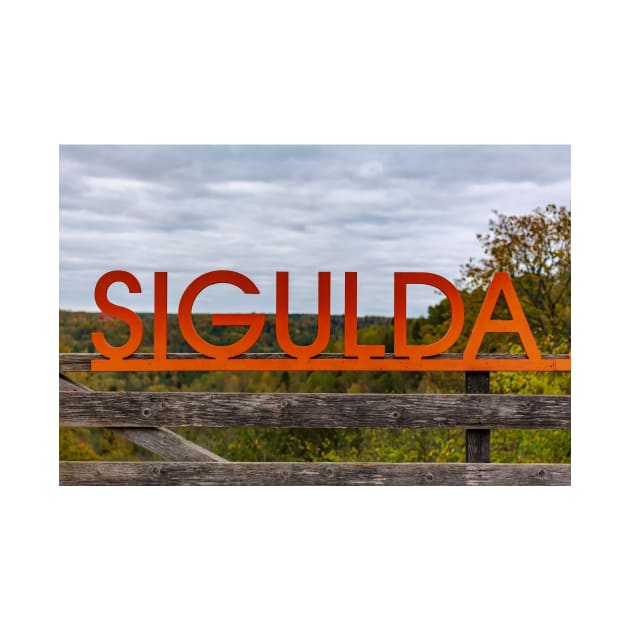 Big orange inscription Sigulda on wooden balustrade by lena-maximova