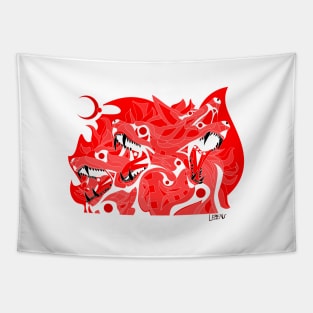 red cerberus cadejo dog ecopop beast art in blood red Tapestry