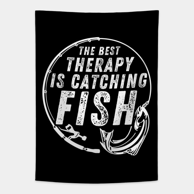 Fishing Quote The Best Therapy Is Catching Fish Vintage Distressed Tapestry by Art-Jiyuu