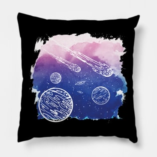 Outer space with planets and comets on watercolor texture Pillow