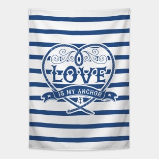 Navy lettering: Love is my anchor Tapestry