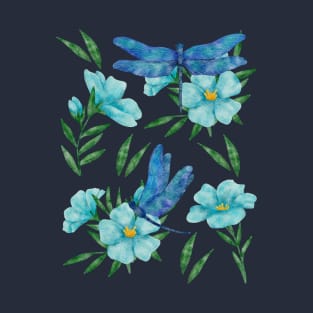 Elegant blue watercolor dragonflies and flowers T-Shirt