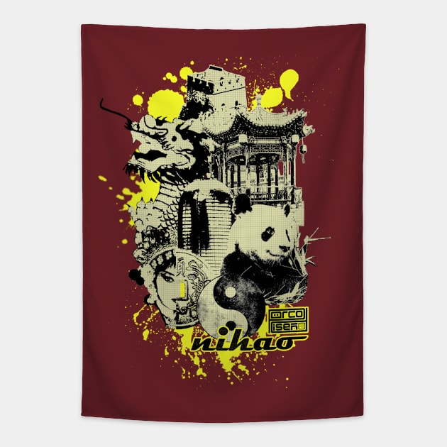 Ni Hao Hello Hi Collage Panda Dragon Chinese Asian Tapestry by porcodiseno