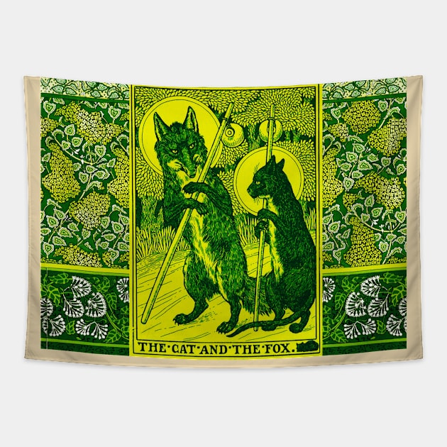 THE CAT AND THE FOX Forest Animals Yellow Green Floral Tapestry by BulganLumini