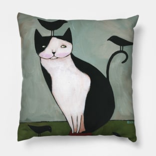 Tuxedo Cat and Crow Friends Pillow