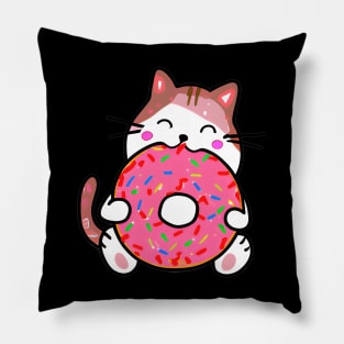 Funny Cat Eating a Donut, Kawaii Cat with Pink Donut Pillow