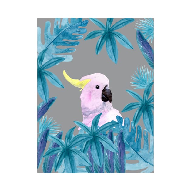 Cockatoo with tropical leaves in watercolor and an ultimate gray background by Sandraartist