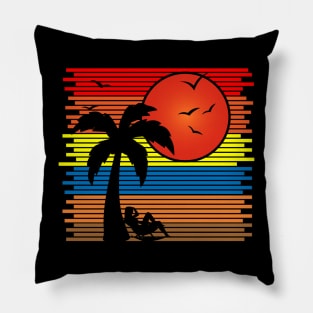 Retro Vintage Sunset with Palm Tree Beachside Silhouette Pillow