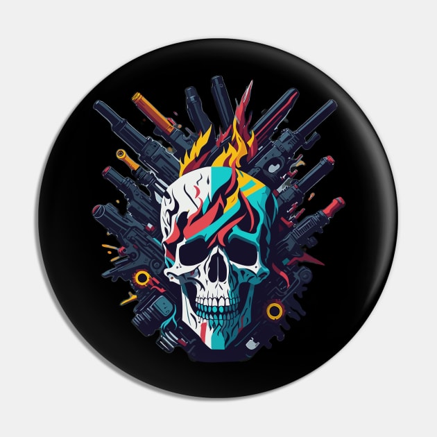 Colorful skull with fire and guns Pin by Absent-clo