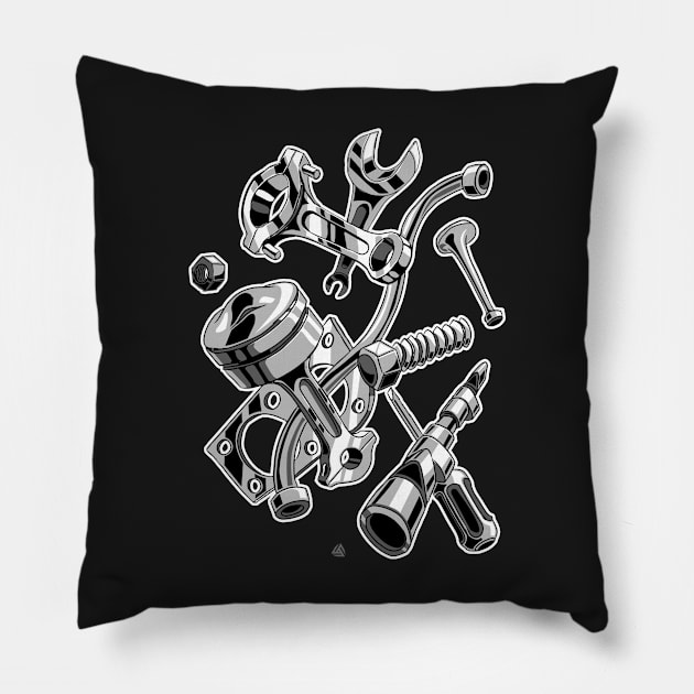 Machine parts and tools illustration part 1 - engine Pillow by ASAKDESIGNS