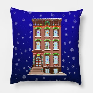 Christmas Decorated Brooklyn Brownstone Pillow