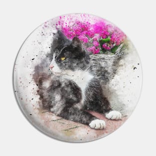 Watercolour Cat Love With Flowers Pin