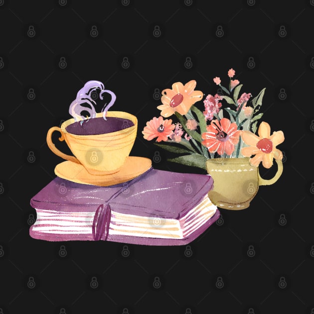 Cute Watercolor Flowers Books and Coffee by FarmOfCuties