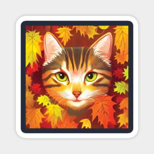 Tabby Cat in Autumn Leaves Magnet