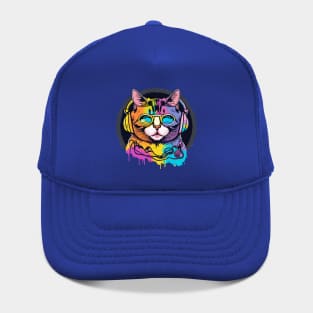 t-shirt design, colorful cat with headphones on, graffiti art psychedelic art, black background, synthwave, colorful Hat