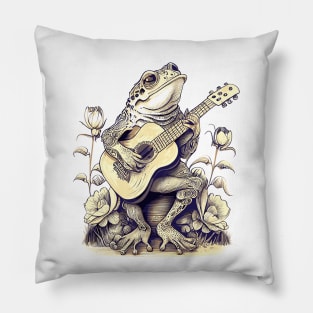 Cottagecore Frog Playing His Acoustic Guitar Pillow