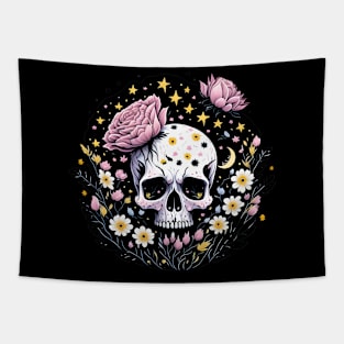 Skull and flowers starry night moon and daisies Tapestry