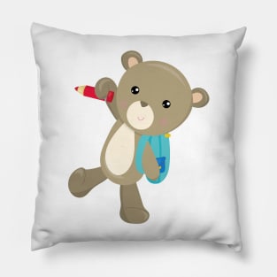 Bear Going To School, Cute Bear, Backpack, Pencil Pillow