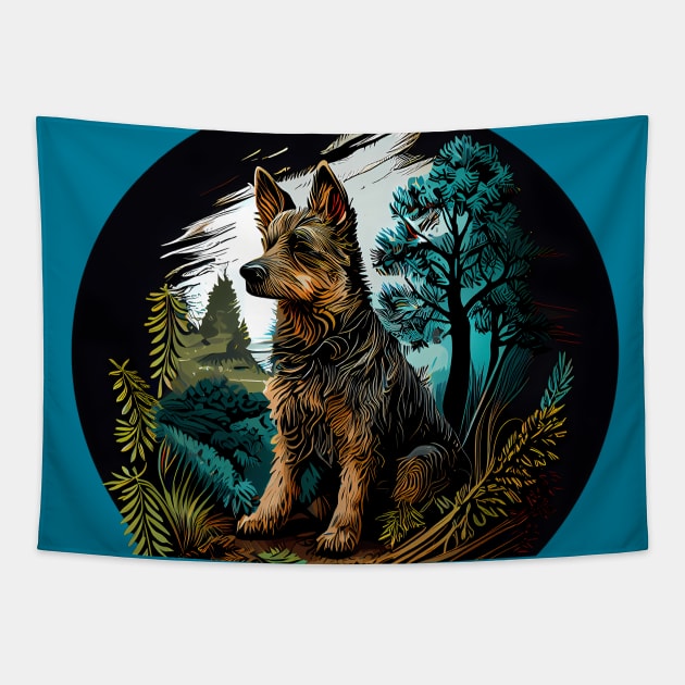 Decisive Looking Dog in a Forest Diorama Tapestry by Amour Grki