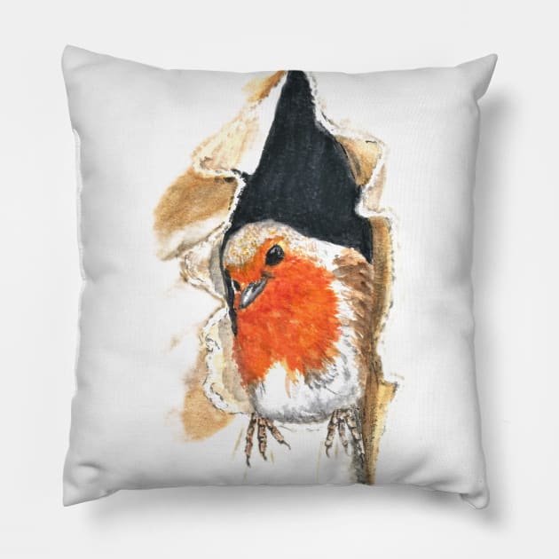 Robin Bird in a Hole Pillow by Marjansart 