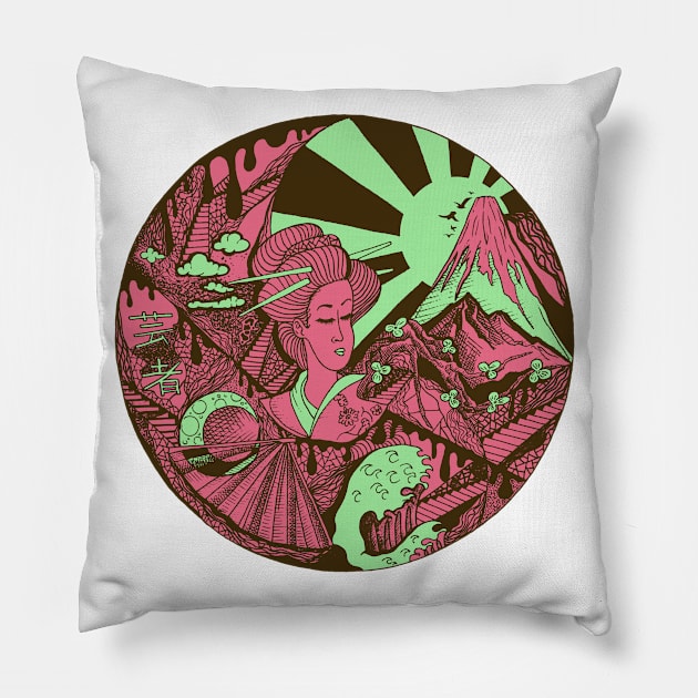 Pink Mint Dreaming of Japan Pillow by kenallouis