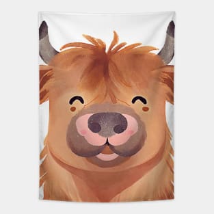 Cute Highland Cow Smiling Watercolor Painting Tapestry