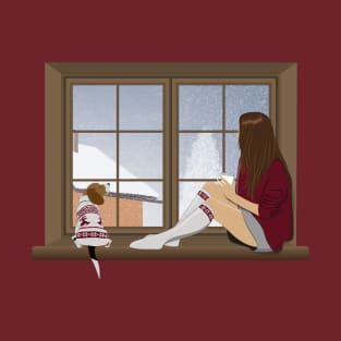 Girl and beagle dog sitting on the window. winter landscape T-Shirt